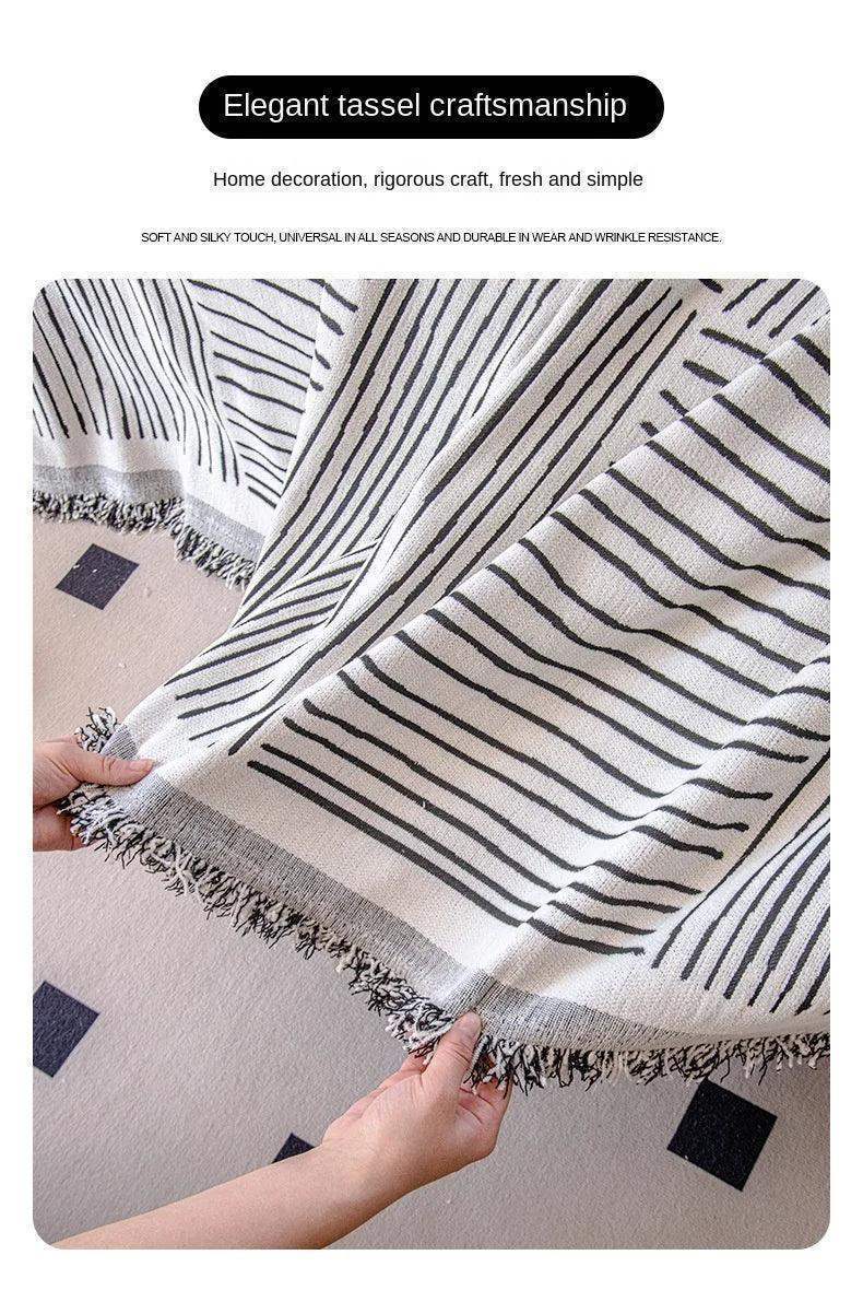 Chenille Striped Pattern Throw Blanket with Tassel 2 │ Nordic Jacquard Reversible Anti-cat Scratch Protection Sofa Cover - Besontique Home