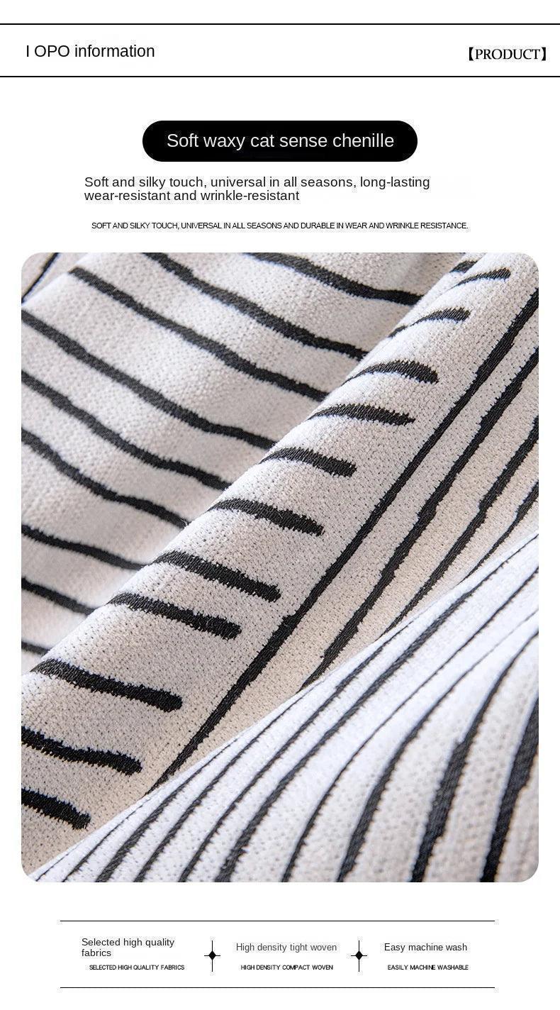 Chenille Striped Pattern Throw Blanket with Tassel 2 │ Nordic Jacquard Reversible Anti-cat Scratch Protection Sofa Cover - Besontique Home