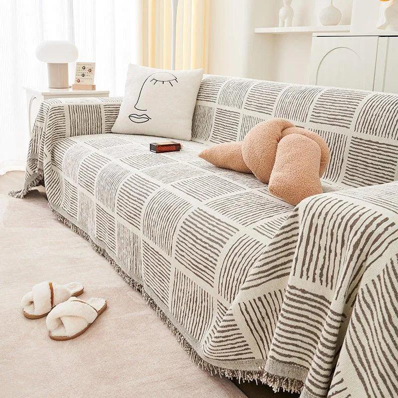 Chenille Striped Pattern Throw Blanket with Tassel │ Nordic Jacquard Reversible Anti-cat Scratch Protection Sofa Cover - Besontique Home