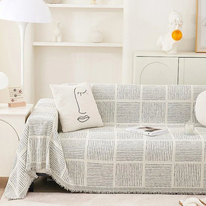 Chenille Striped Pattern Throw Blanket with Tassel │ Nordic Jacquard Reversible Anti-cat Scratch Protection Sofa Cover - Besontique Home