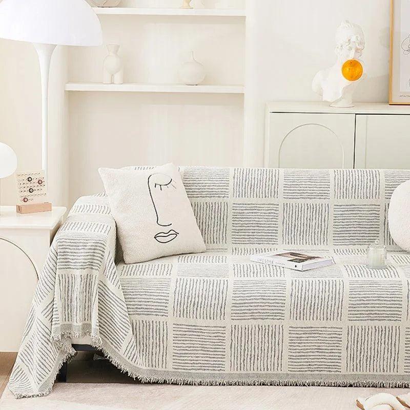 Chenille Striped Pattern Throw Blanket with Tassel │ Nordic Jacquard Reversible Anti-cat Scratch Protection Sofa Cover - Besontique Home