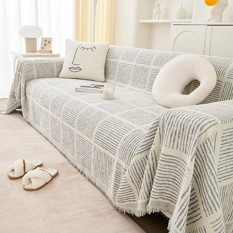 Chenille Striped Pattern Throw Blanket with Tassel │ Nordic Jacquard Reversible Anti-cat Scratch Protection Sofa Cover - Besontique Home