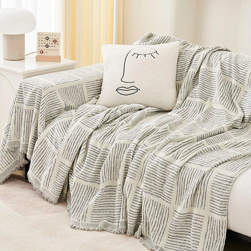 Chenille Striped Pattern Throw Blanket with Tassel │ Nordic Jacquard Reversible Anti-cat Scratch Protection Sofa Cover - Besontique Home