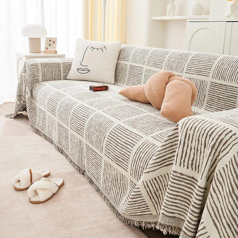 Chenille Striped Pattern Throw Blanket with Tassel │ Nordic Jacquard Reversible Anti-cat Scratch Protection Sofa Cover - Besontique Home
