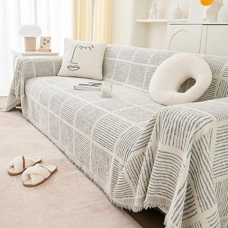 Chenille Striped Pattern Throw Blanket with Tassel │ Nordic Jacquard Reversible Anti-cat Scratch Protection Sofa Cover - Besontique Home