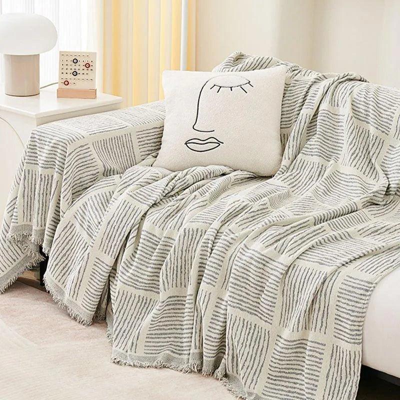 Chenille Striped Pattern Throw Blanket with Tassel │ Nordic Jacquard Reversible Anti-cat Scratch Protection Sofa Cover - Besontique Home