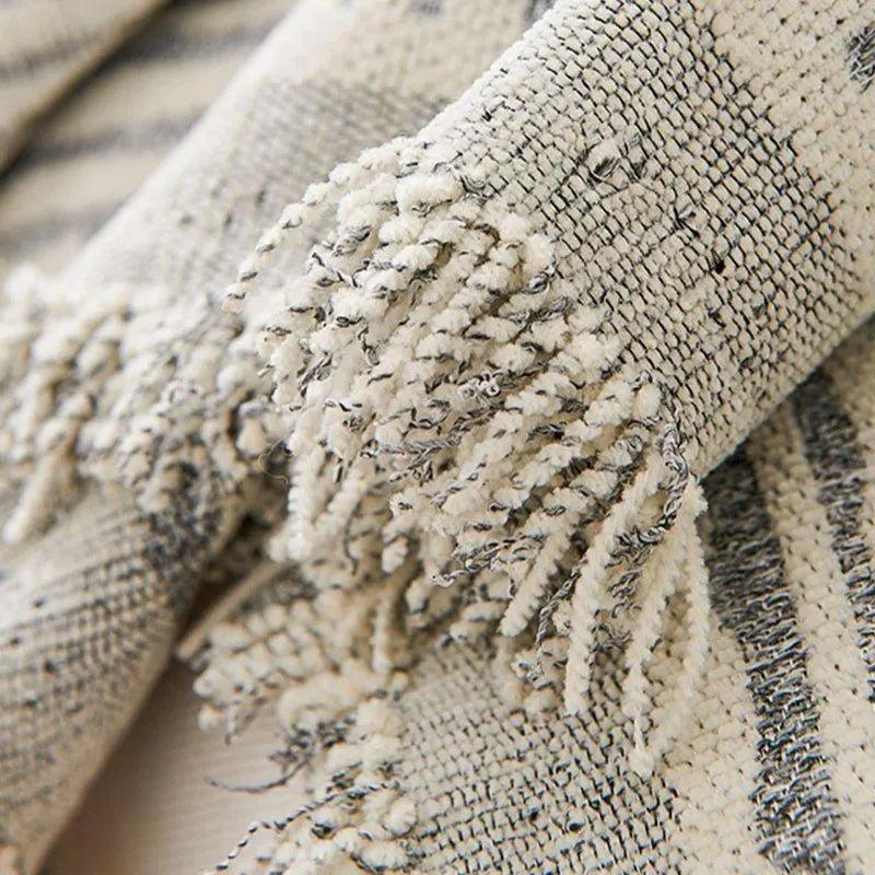 Chenille Striped Pattern Throw Blanket with Tassel │ Nordic Jacquard Reversible Anti-cat Scratch Protection Sofa Cover - Besontique Home