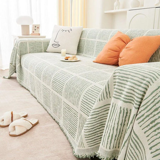 Chenille Striped Pattern Throw Blanket with Tassel │ Nordic Jacquard Reversible Anti-cat Scratch Protection Sofa Cover - Besontique Home