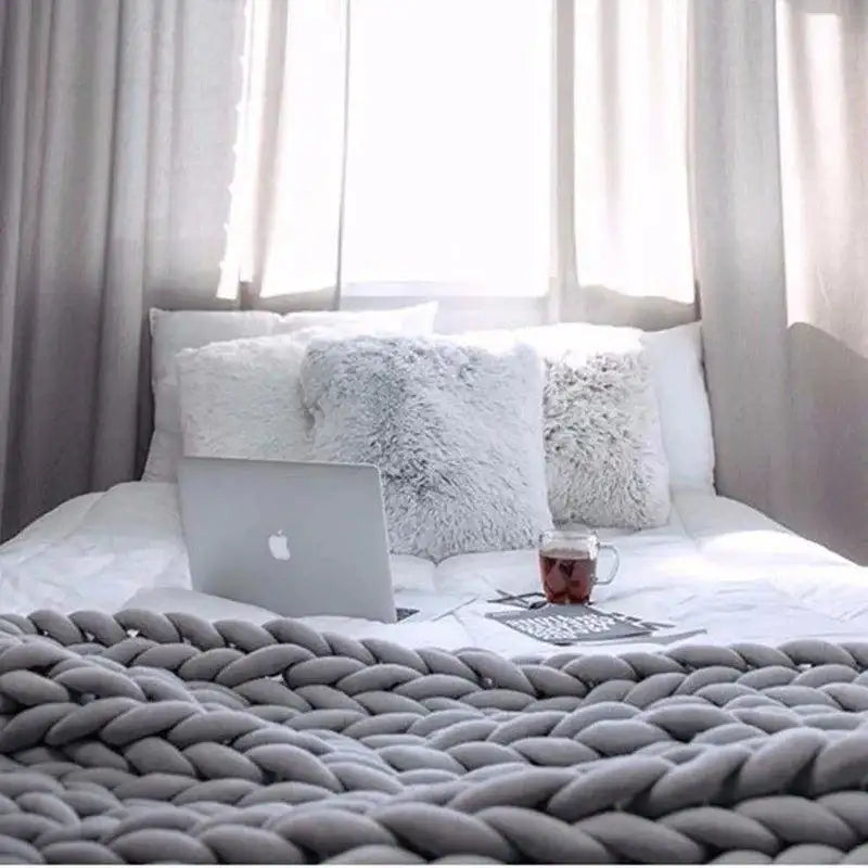 Chunky Knitted Cotton Blanket for Sofa Decor │ New Core-filled Yarn Hand-woven Blanket │ Super Thick Neutral Color Blanket - Besontique Home