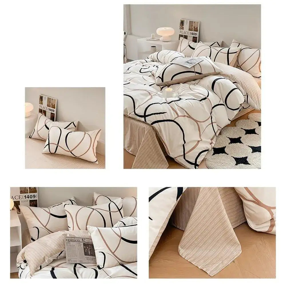 cotton-black-beige-white-line-printing-bedding-set-high-quality-quilt-bed-sheet-duvet-pillow-cover-besontique-home-22172 - Besontique Home