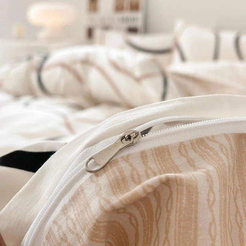 Cotton Black Beige White Line Printing Bedding Set │ High Quality Quilt Bed sheet Duvet Pillow Cover - Besontique Home