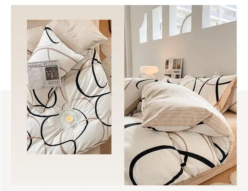 cotton-black-beige-white-line-printing-bedding-set-high-quality-quilt-bed-sheet-duvet-pillow-cover-besontique-home-40707 - Besontique Home