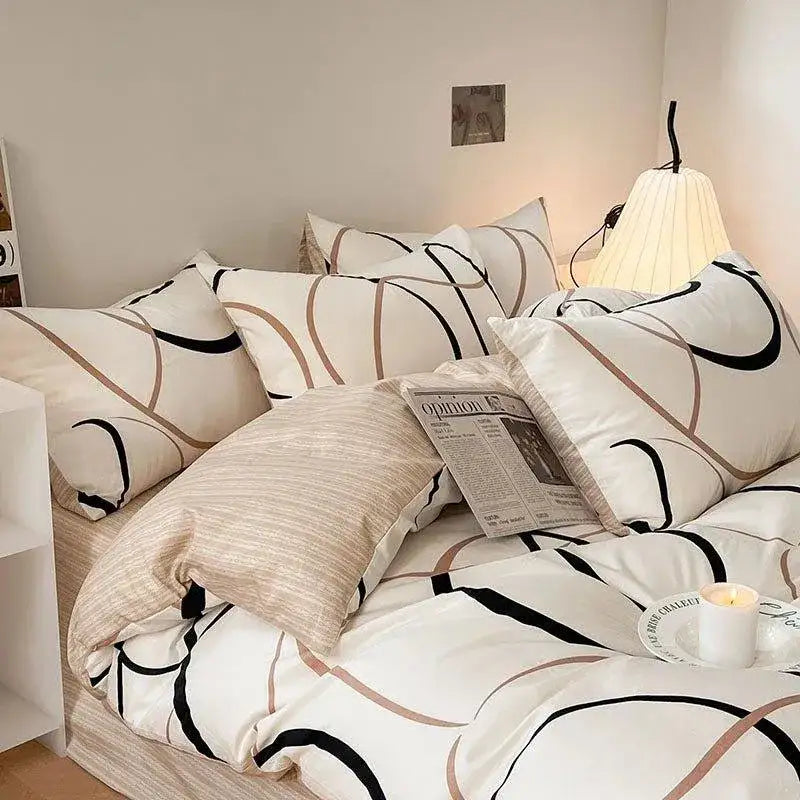 cotton-black-beige-white-line-printing-bedding-set-high-quality-quilt-bed-sheet-duvet-pillow-cover-besontique-home-60255 - Besontique Home