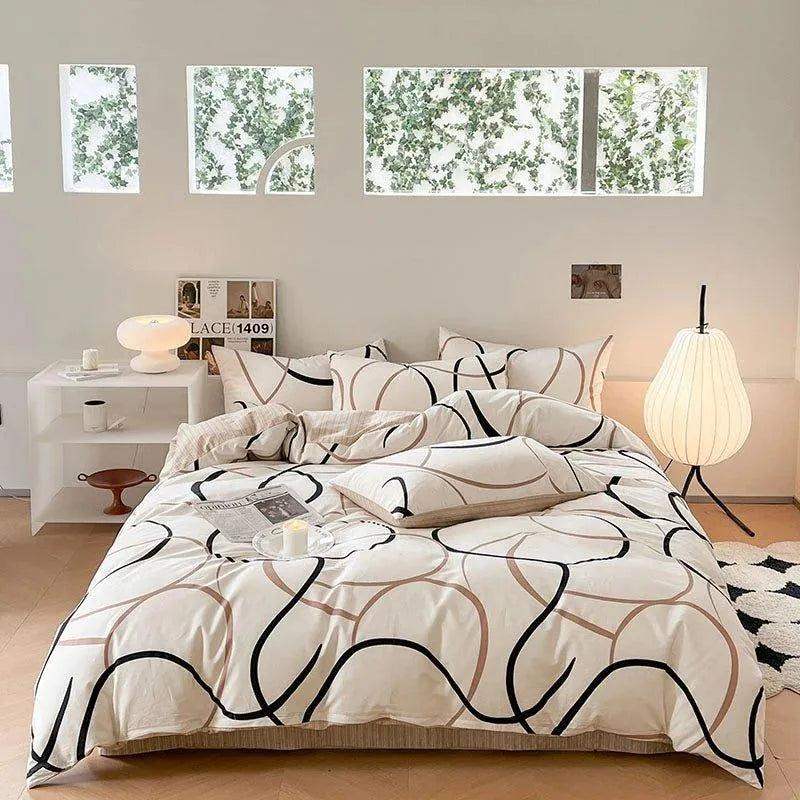 Cotton Black Beige White Line Printing Bedding Set │ High Quality Quilt Bed sheet Duvet Pillow Cover - Besontique Home
