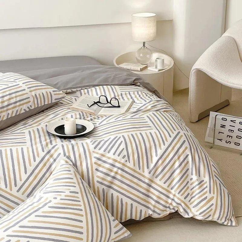 Cotton Stripe Printing Quilt Bedding Set │ High Quality Bed sheet Duvet Pillow Cover - Besontique Home