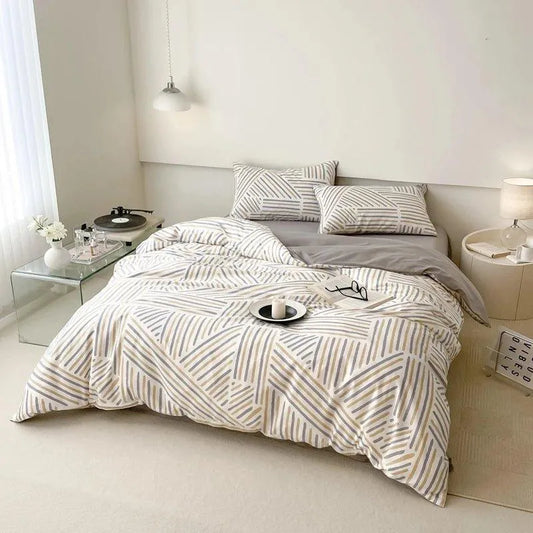 Cotton Stripe Printing Quilt Bedding Set │ High Quality Bed sheet Duvet Pillow Cover - Besontique Home