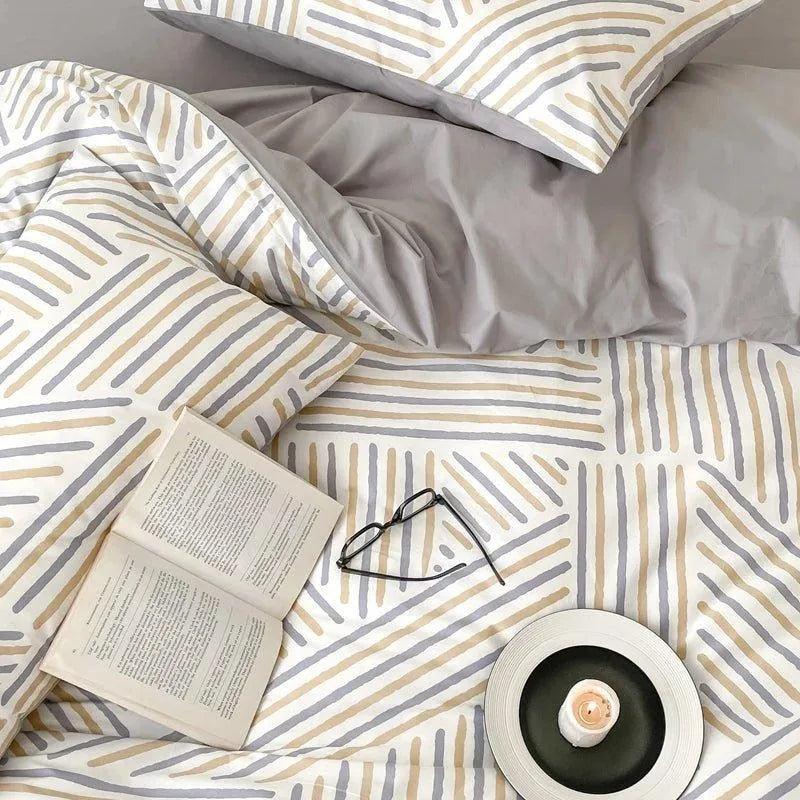 Cotton Stripe Printing Quilt Bedding Set │ High Quality Bed sheet Duvet Pillow Cover - Besontique Home