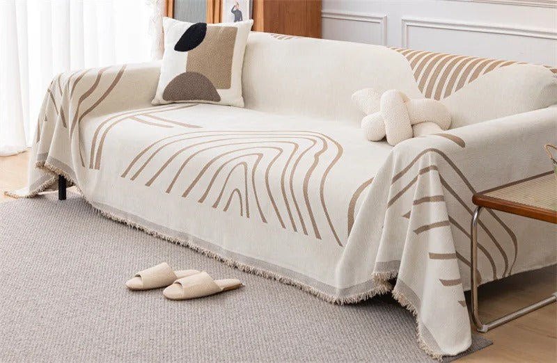 8 Chenille Line Pattern Throw Blanket with Tassel │ Simple Nordic Jacquard Reversible Double Sided Sofa Cover