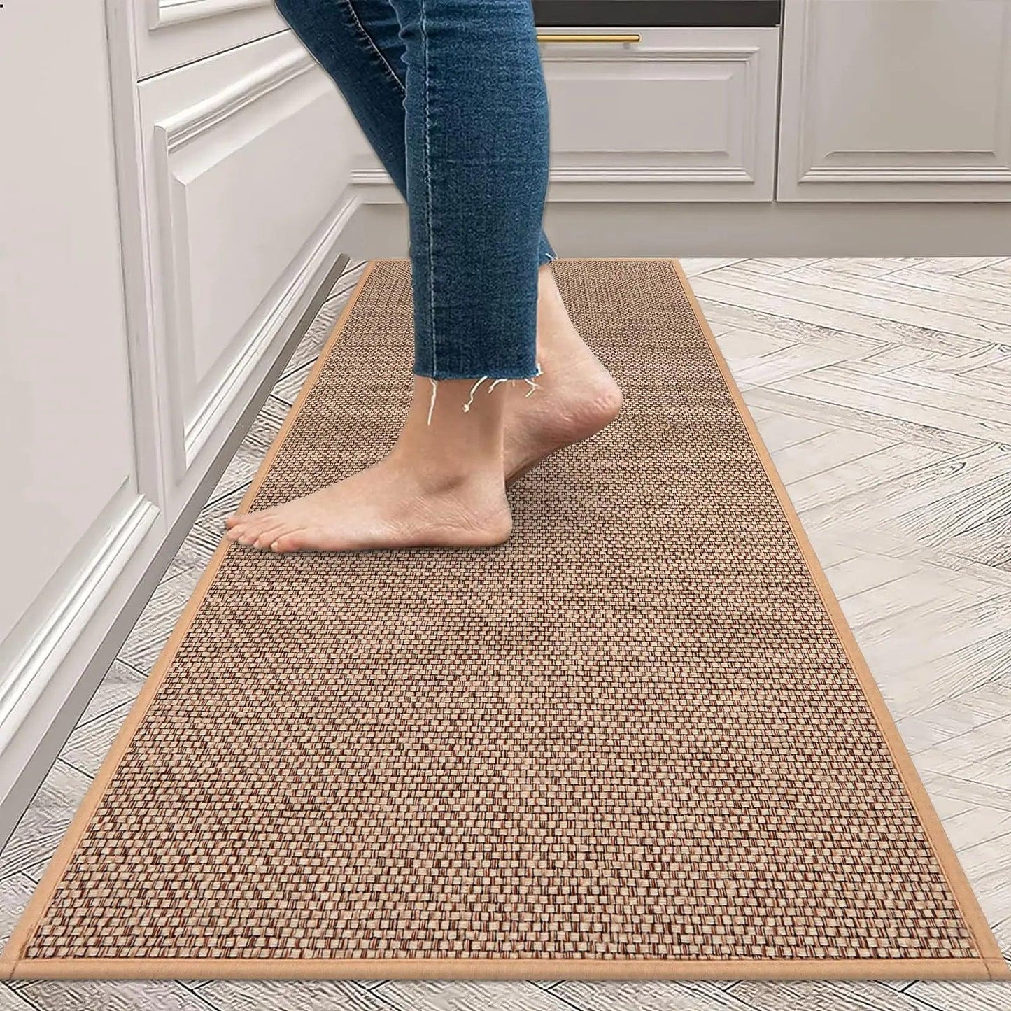 Faux Woven Washable Non-slip Kitchen Rug │ Faux Sisal Running Floor Mat - Besontique Home