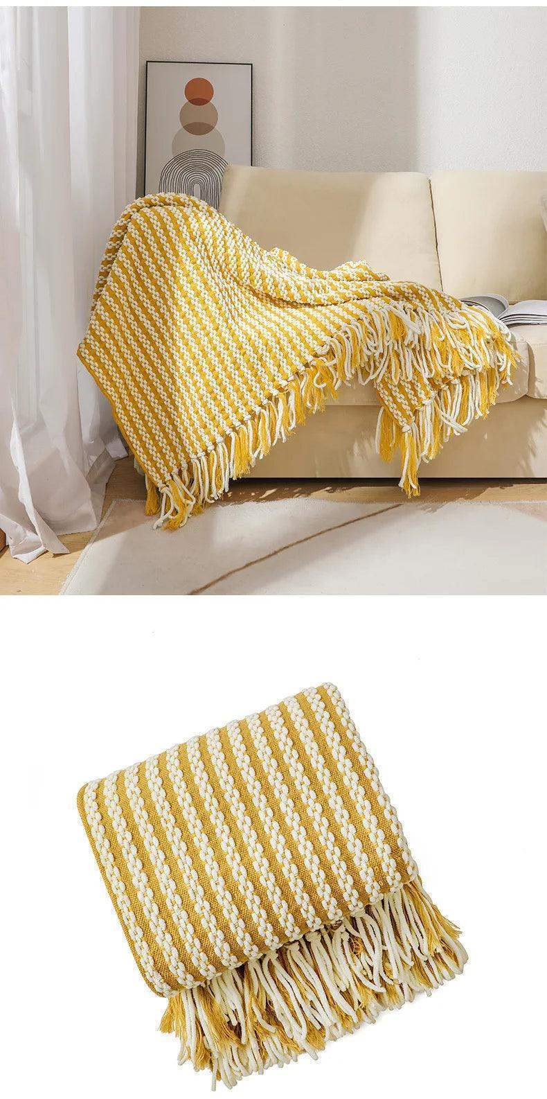 Fluffy Chenille Throw Blanket with Tassels │ Fringe Knitted Blankets for couch decor - Besontique Home