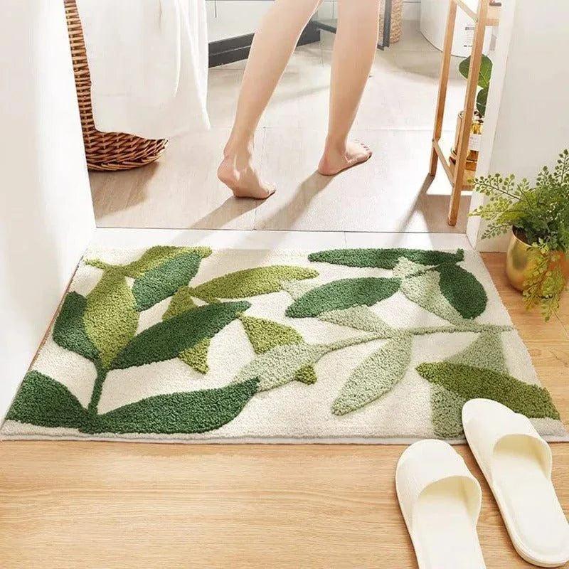 Green Leaves Microfiber Bathroom Rug │ Modern Nordic Soft Bath Floor Mat - Besontique Home