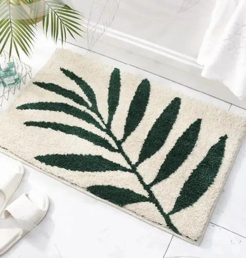 Green Leaves Microfiber Bathroom Rug │ Modern Nordic Soft Bath Floor Mat - Besontique Home