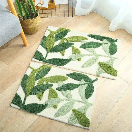 Green Leaves Microfiber Bathroom Rug │ Modern Nordic Soft Bath Floor Mat - Besontique Home