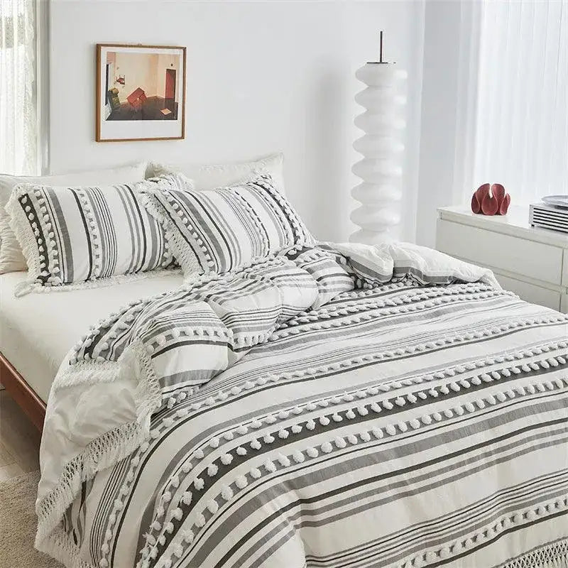 high-end-striped-cut-furball-bedding-set-modern-boho-quilt-with-tassels-bed-duvet-cover-pillow-case-besontique-home-13557 - Besontique Home