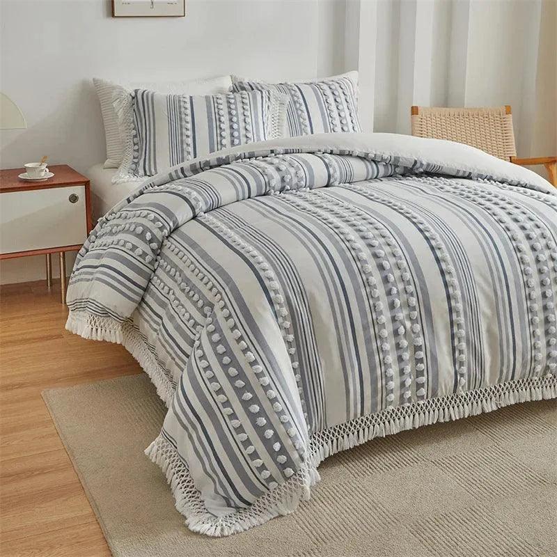 High-end Striped Cut Furball Bedding Set │ Modern Boho Quilt with Tassels Bed Duvet cover Pillow case - Besontique Home