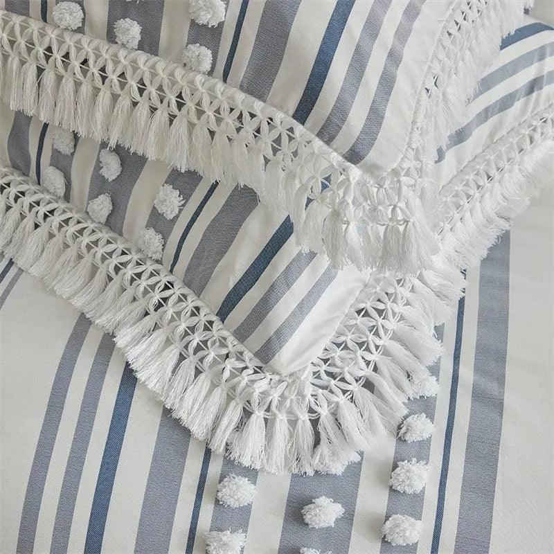 High-end Striped Cut Furball Bedding Set │ Modern Boho Quilt with Tassels Bed Duvet cover Pillow case - Besontique Home