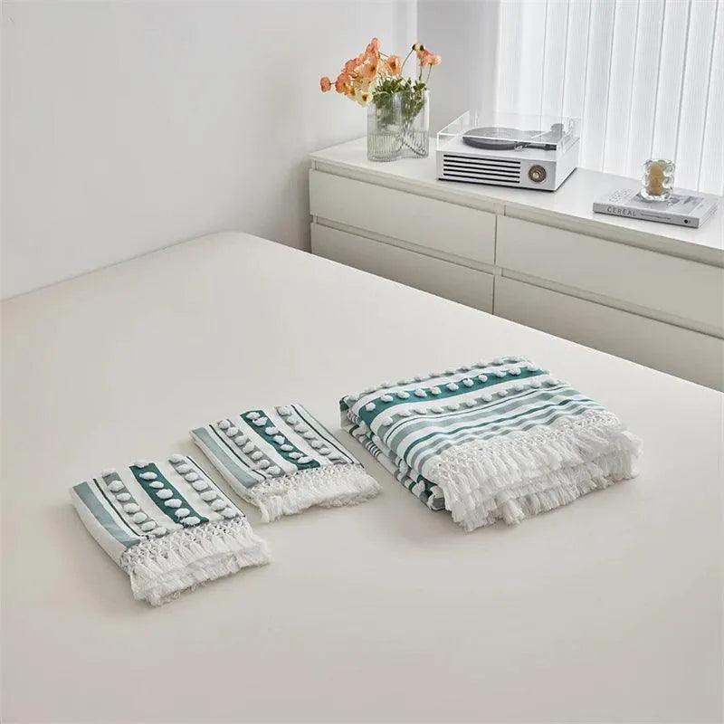 High-end Striped Cut Furball Bedding Set │ Modern Boho Quilt with Tassels Bed Duvet cover Pillow case - Besontique Home