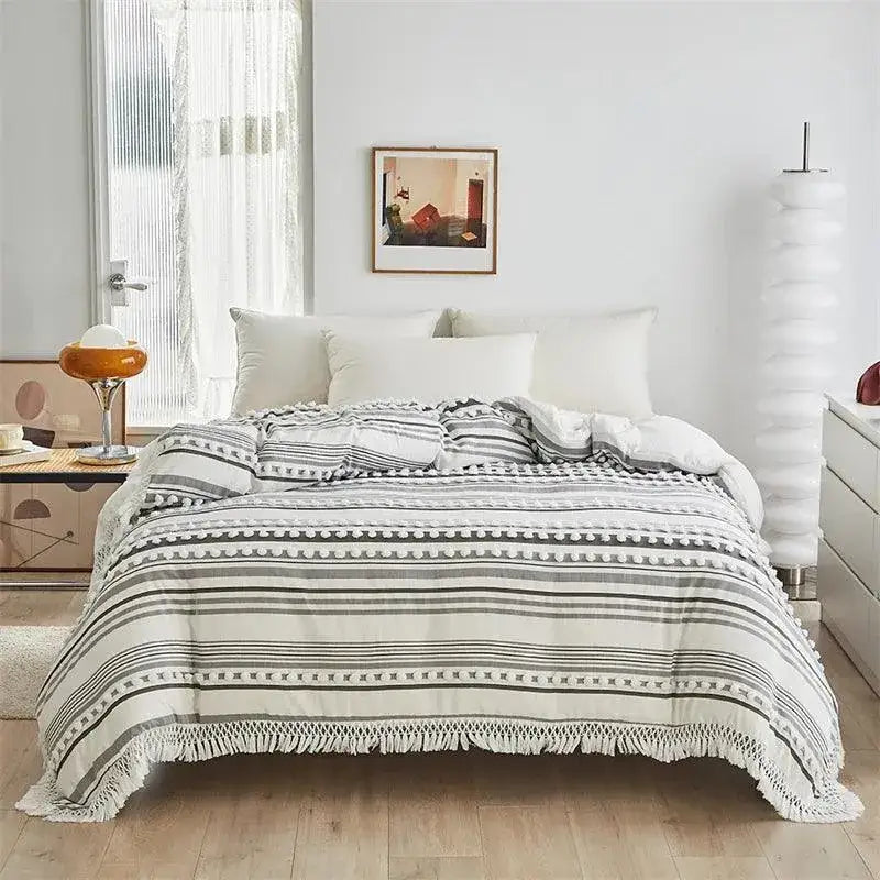 high-end-striped-cut-furball-bedding-set-modern-boho-quilt-with-tassels-bed-duvet-cover-pillow-case-besontique-home-48500 - Besontique Home