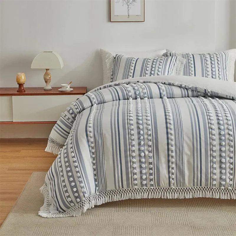 High-end Striped Cut Furball Bedding Set │ Modern Boho Quilt with Tassels Bed Duvet cover Pillow case - Besontique Home