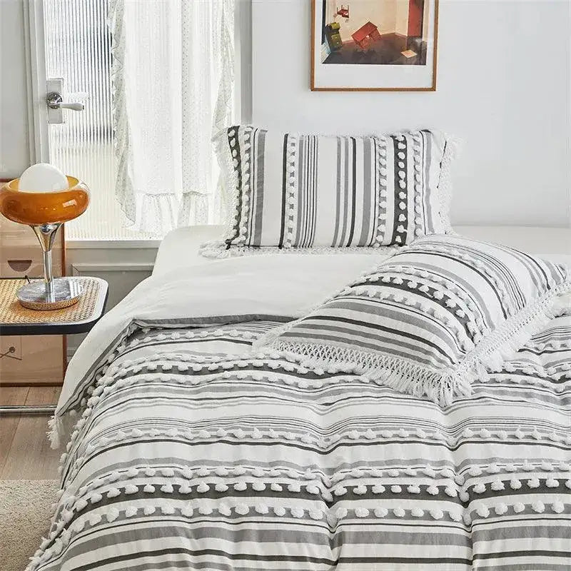 high-end-striped-cut-furball-bedding-set-modern-boho-quilt-with-tassels-bed-duvet-cover-pillow-case-besontique-home-62392 - Besontique Home