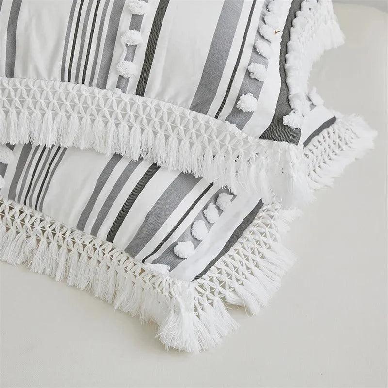 High-end Striped Cut Furball Bedding Set │ Modern Boho Quilt with Tassels Bed Duvet cover Pillow case - Besontique Home