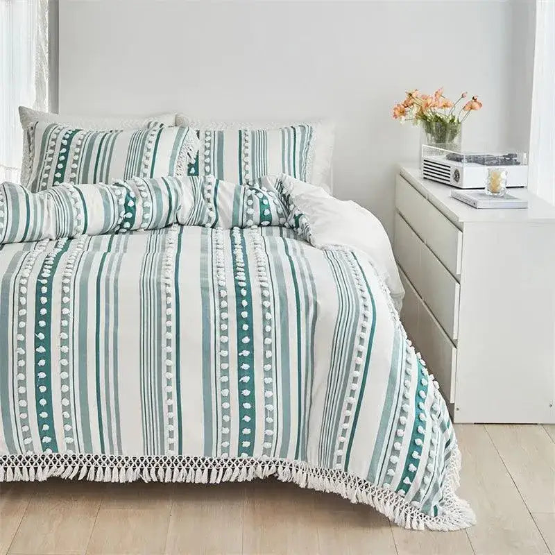high-end-striped-cut-furball-bedding-set-modern-boho-quilt-with-tassels-bed-duvet-cover-pillow-case-besontique-home-66310 - Besontique Home