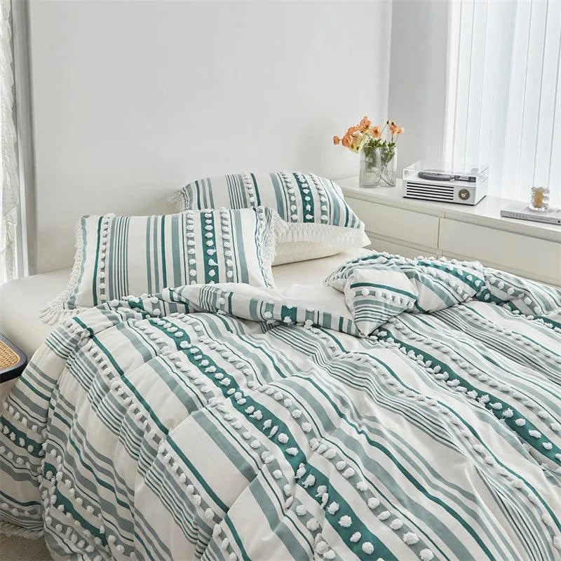 High-end Striped Cut Furball Bedding Set │ Modern Boho Quilt with Tassels Bed Duvet cover Pillow case - Besontique Home