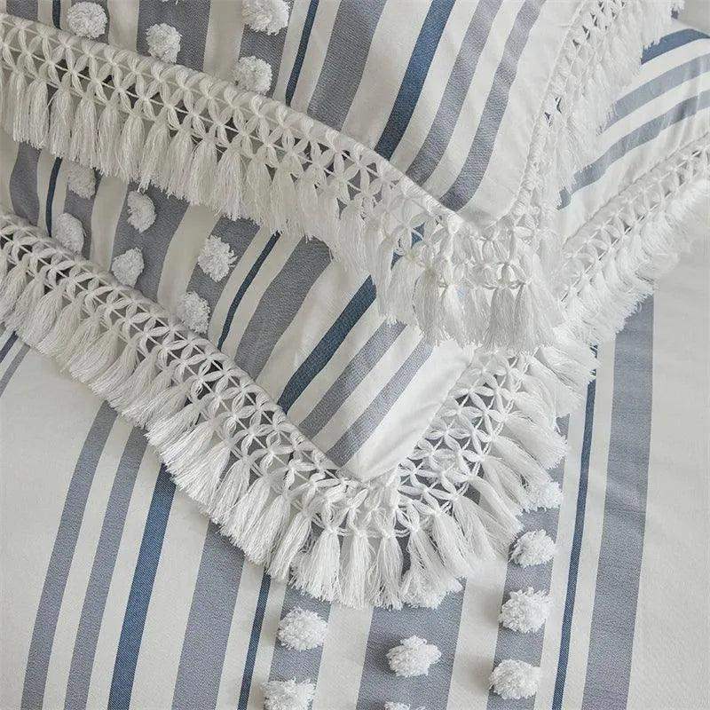 High-end Striped Cut Furball Bedding Set │ Modern Boho Quilt with Tassels Bed Duvet cover Pillow case - Besontique Home