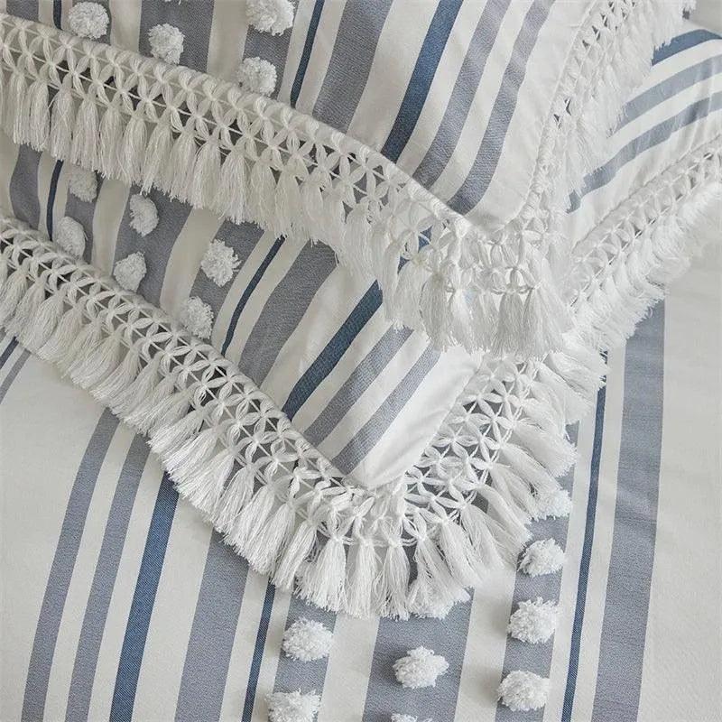 High-end Striped Cut Furball Bedding Set │ Modern Boho Quilt with Tassels Bed Duvet cover Pillow case - Besontique Home