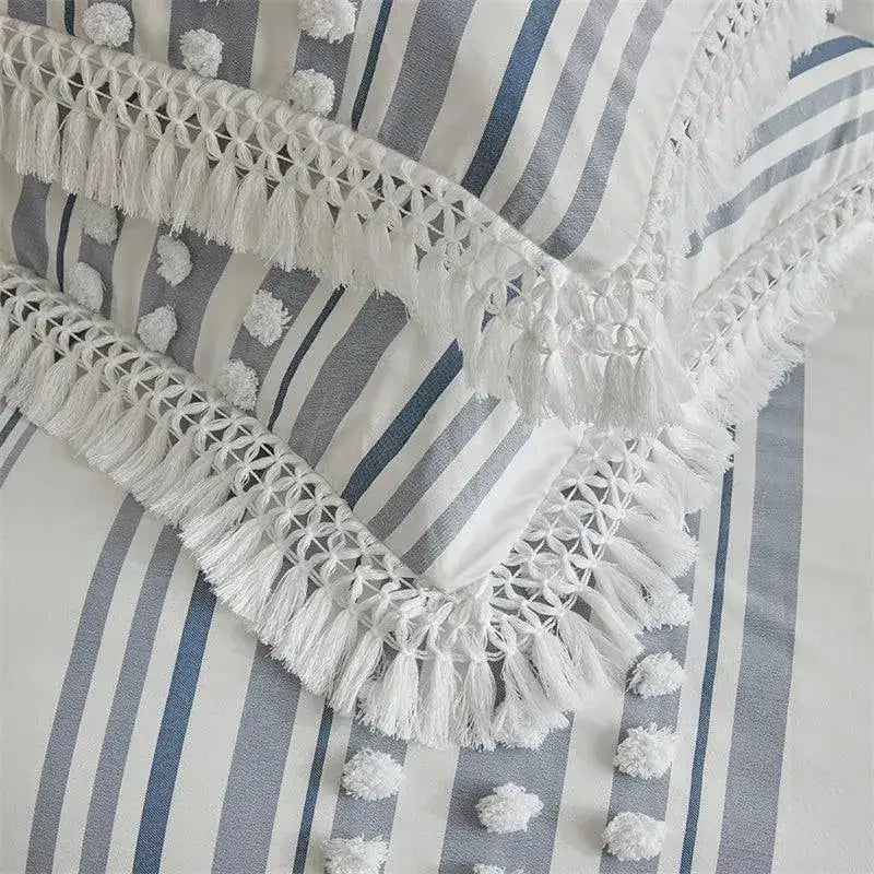 high-end-striped-cut-furball-bedding-set-modern-boho-quilt-with-tassels-bed-duvet-cover-pillow-case-besontique-home-71002 - Besontique Home