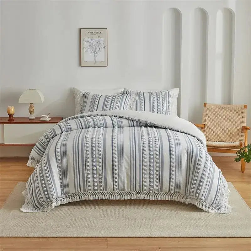 high-end-striped-cut-furball-bedding-set-modern-boho-quilt-with-tassels-bed-duvet-cover-pillow-case-besontique-home-78528 - Besontique Home