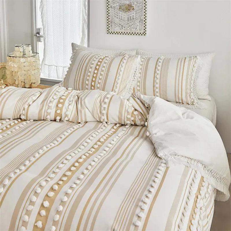 High-end Striped Cut Furball Bedding Set │ Modern Boho Quilt with Tassels Bed Duvet cover Pillow case - Besontique Home