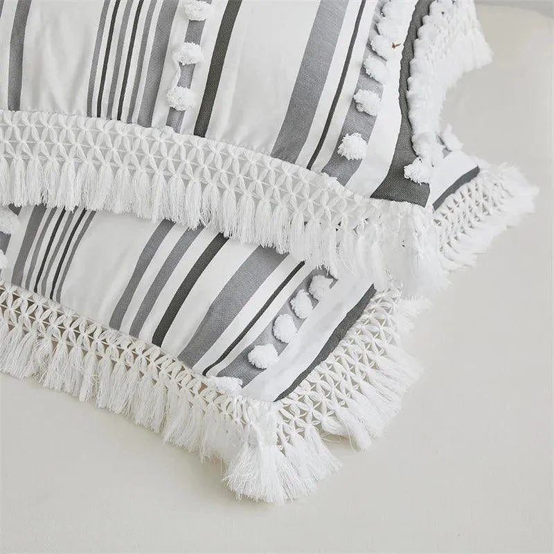 High-end Striped Cut Furball Bedding Set │ Modern Boho Quilt with Tassels Bed Duvet cover Pillow case - Besontique Home