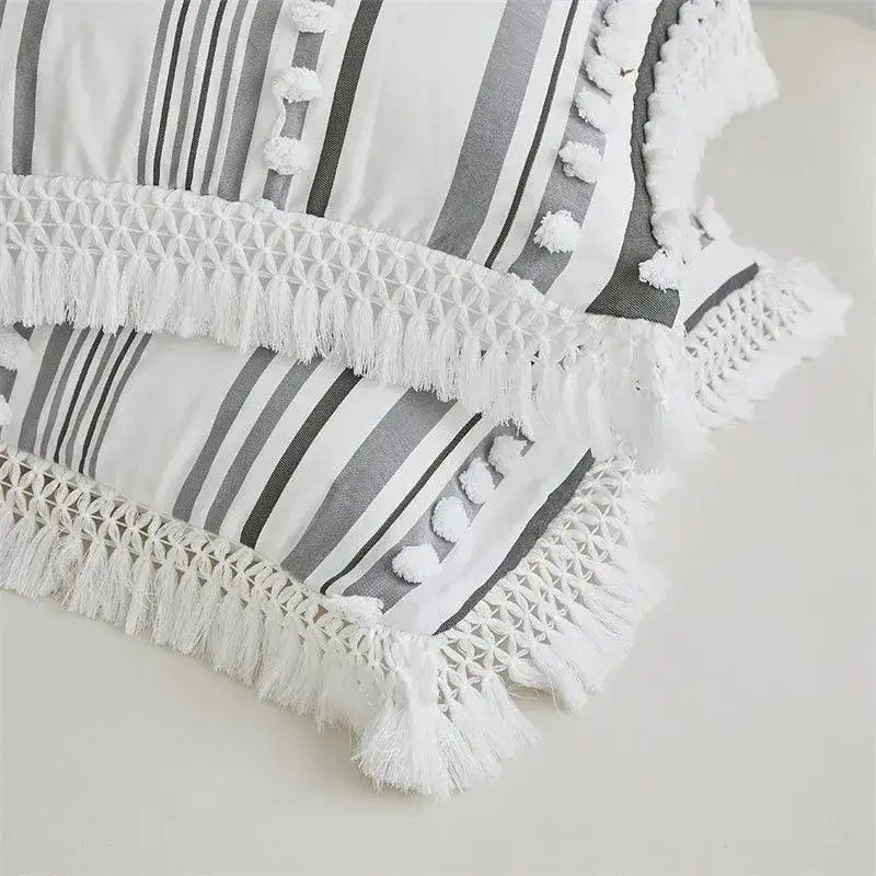 high-end-striped-cut-furball-bedding-set-modern-boho-quilt-with-tassels-bed-duvet-cover-pillow-case-besontique-home-81798 - Besontique Home