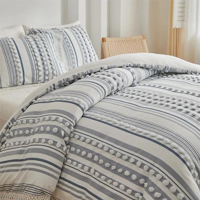 High-end Striped Cut Furball Bedding Set │ Modern Boho Quilt with Tassels Bed Duvet cover Pillow case - Besontique Home