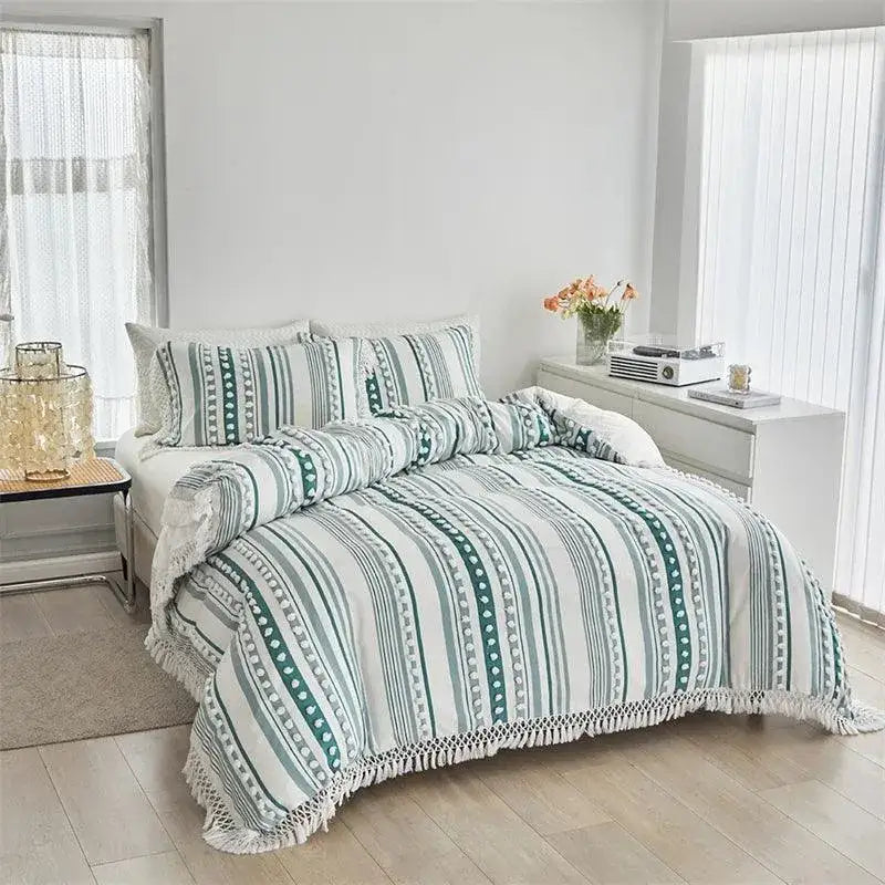 high-end-striped-cut-furball-bedding-set-modern-boho-quilt-with-tassels-bed-duvet-cover-pillow-case-besontique-home-87723 - Besontique Home