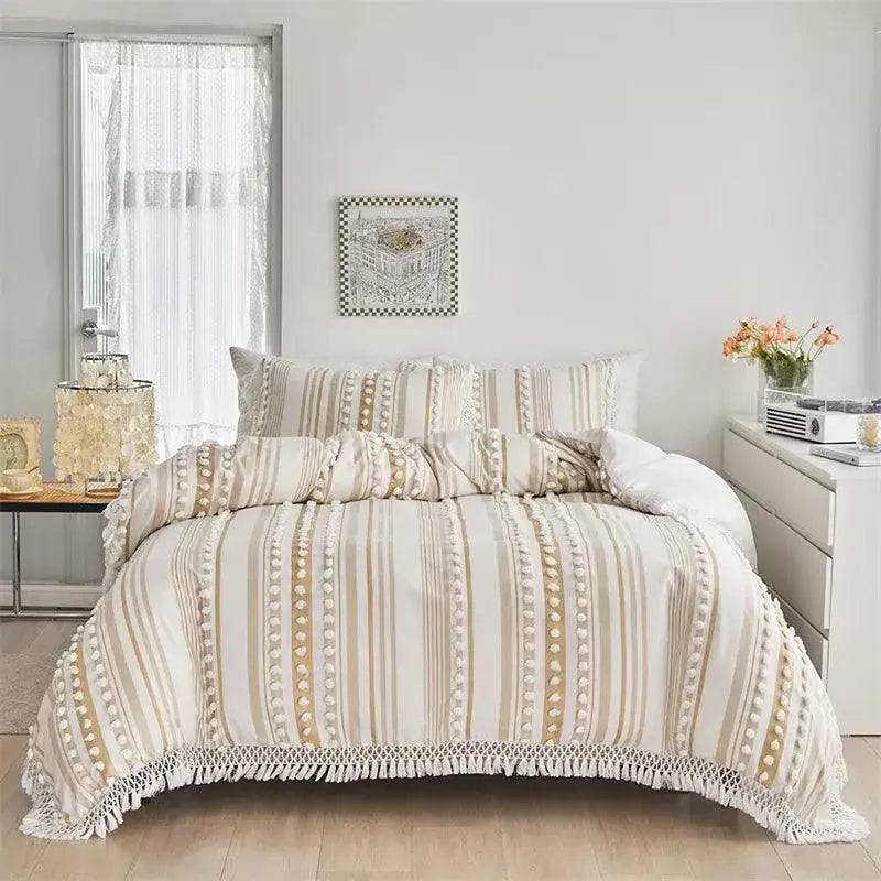 high-end-striped-cut-furball-bedding-set-modern-boho-quilt-with-tassels-bed-duvet-cover-pillow-case-besontique-home-87993 - Besontique Home