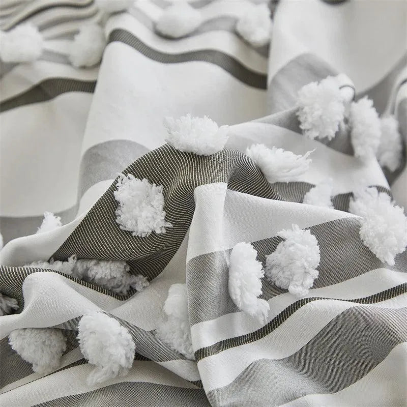 High-end Striped Cut Furball Bedding Set │ Modern Boho Quilt with Tassels Bed Duvet cover Pillow case - Besontique Home