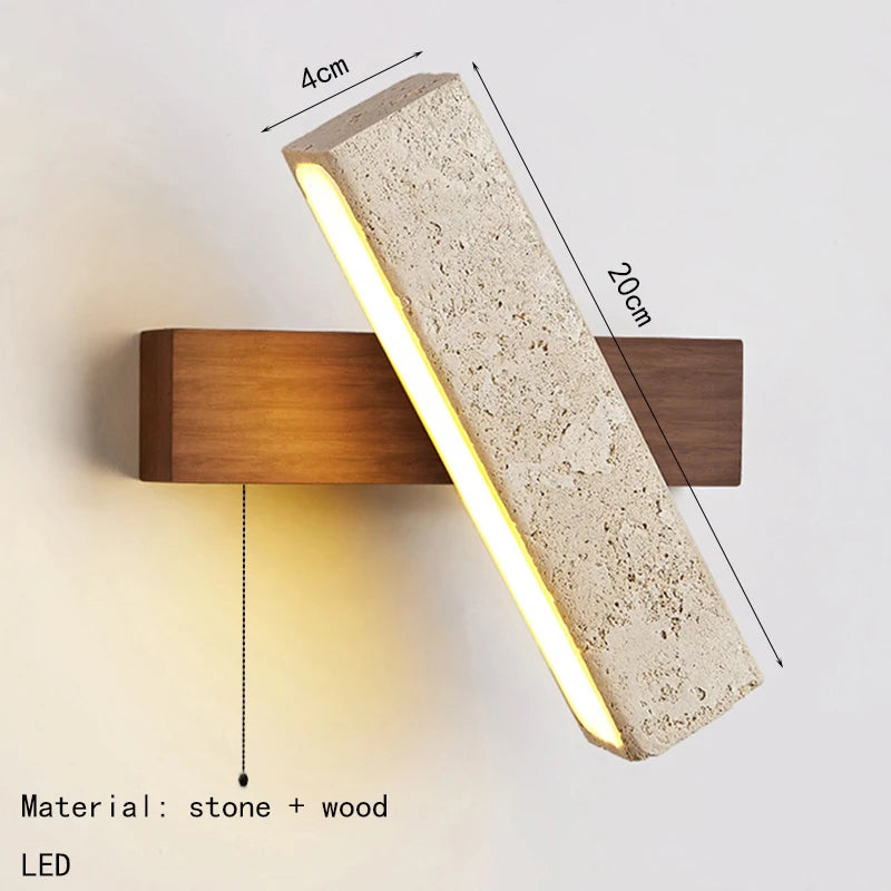 Japandi Natural Stone Wood Rectangular Wall Lighting With Pull Switch │ Modern LED Rotatable Sconce Wall Light - Besontique Home
