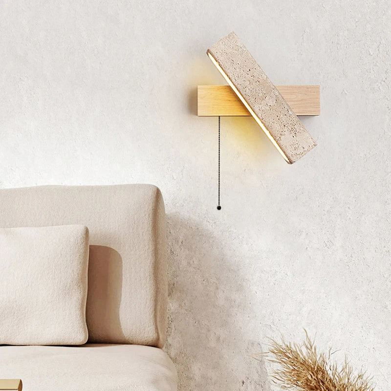 Japandi Natural Stone Wood Rectangular Wall Lighting With Pull Switch │ Modern LED Rotatable Sconce Wall Light - Besontique Home